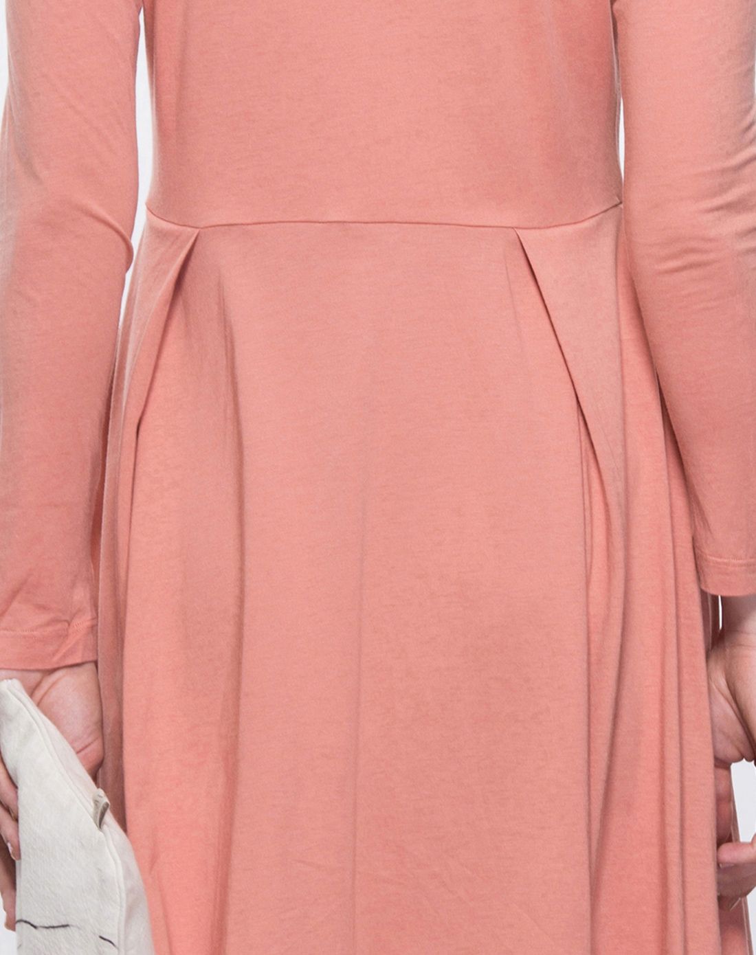 蜡粉色高档纯色文艺莫代尔棉高腰长袖连衣裙