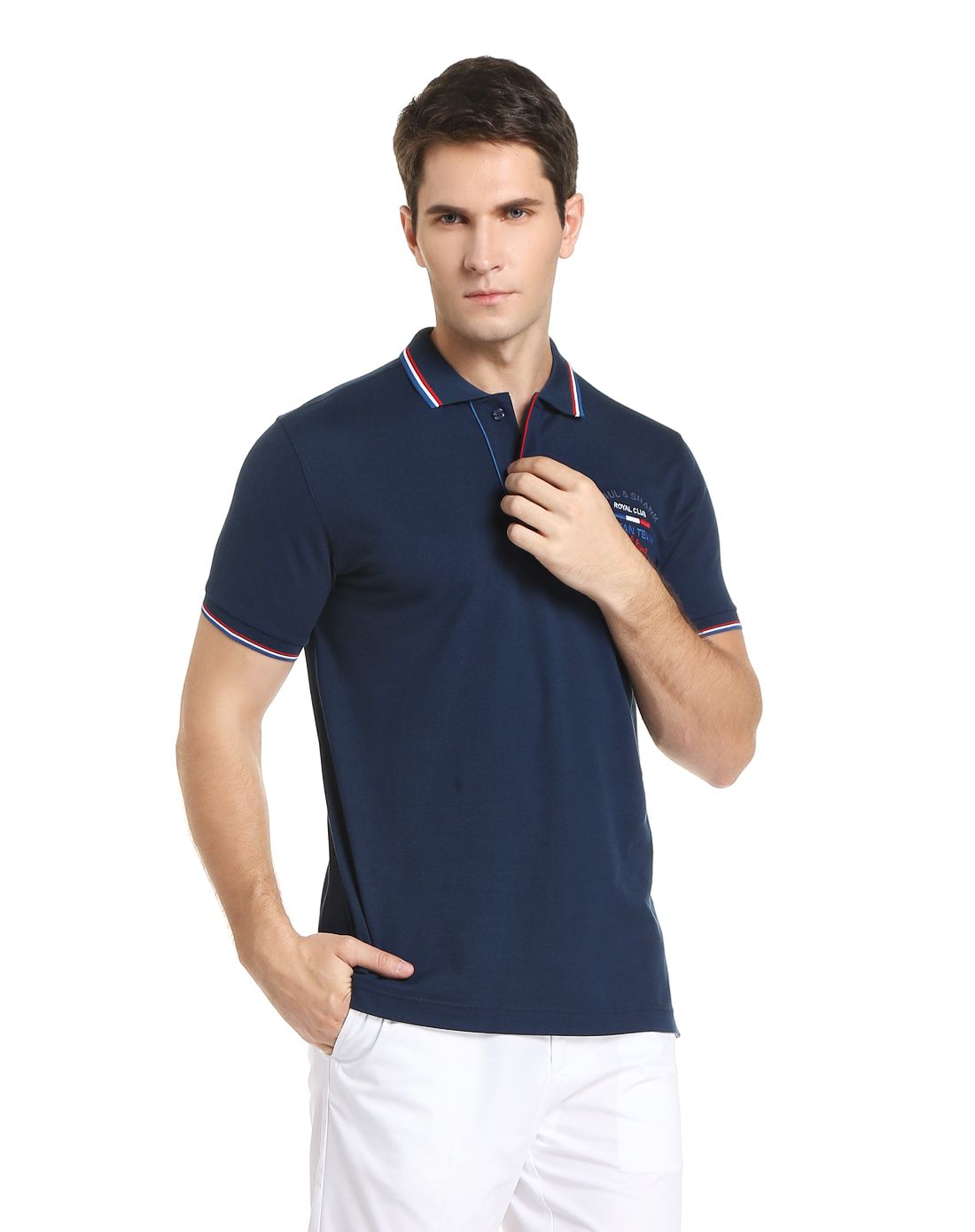 paul&shark男款深蓝色刺绣纯棉polo衫