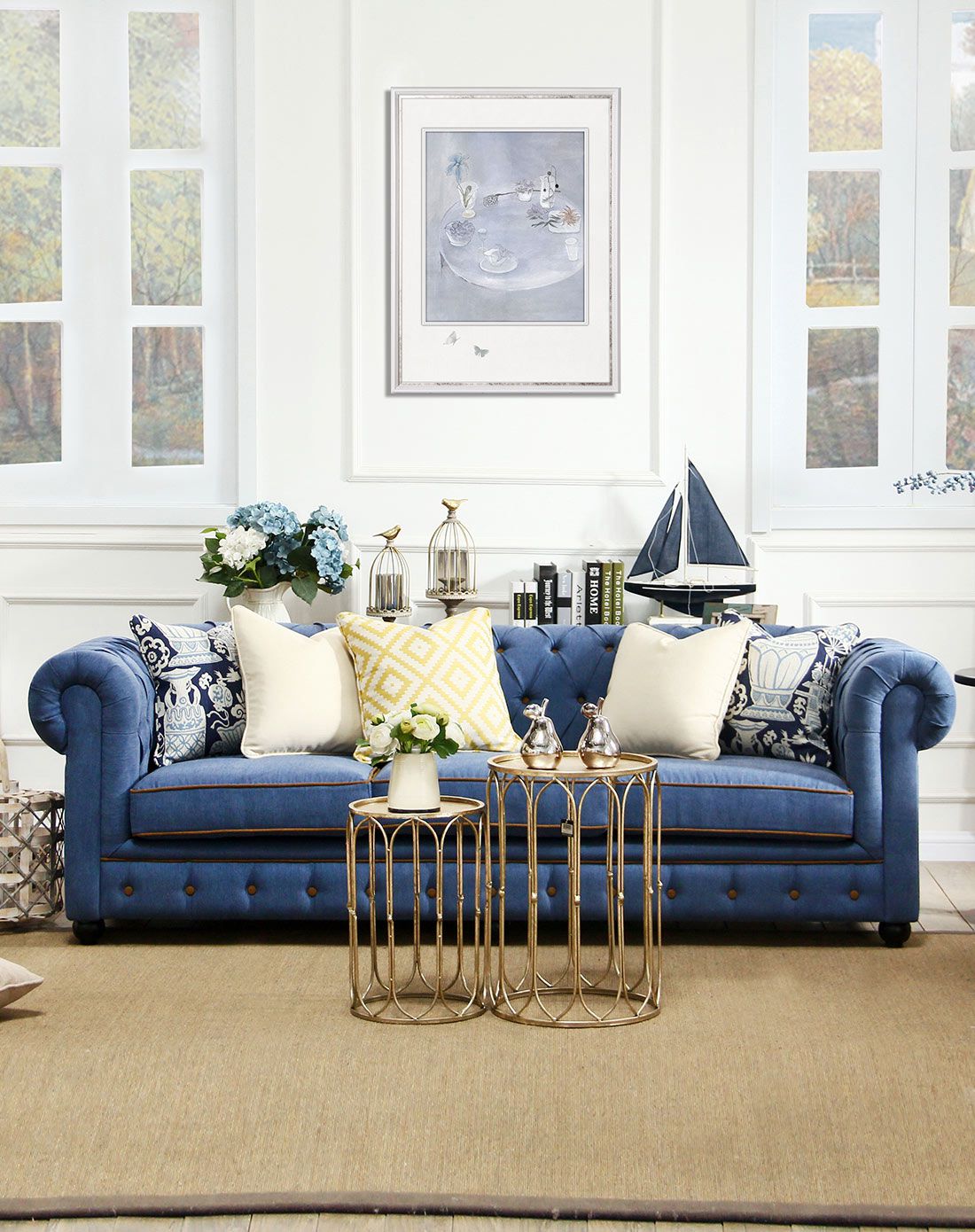 优雅宝石蓝-美式乡村布艺三人沙发