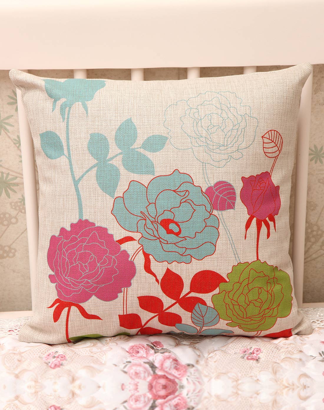 牡丹花棉麻抱枕套45*45cm