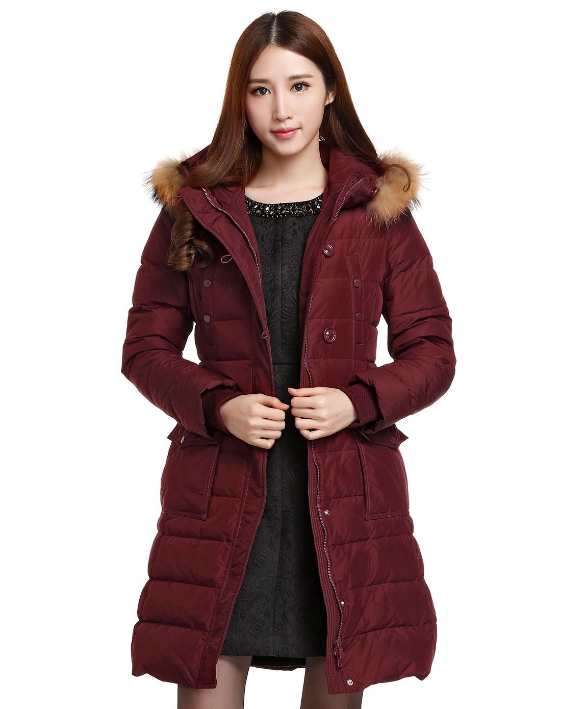 棕红色大气连帽长袖中长款羽绒服
