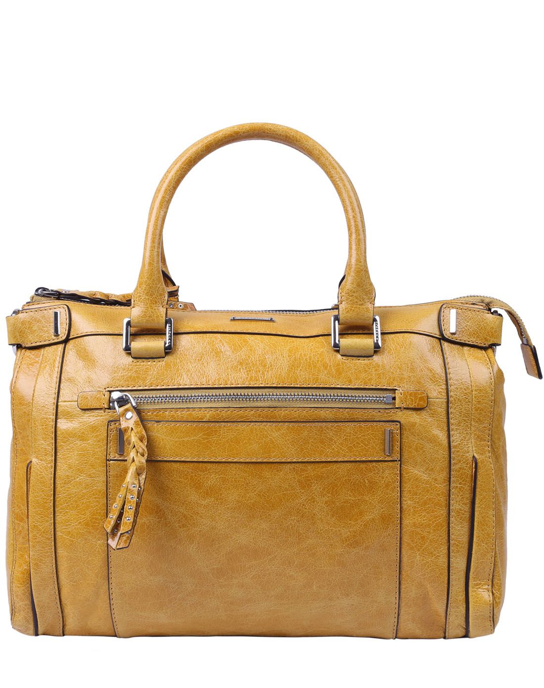 女款柠黄头层牛皮手提包