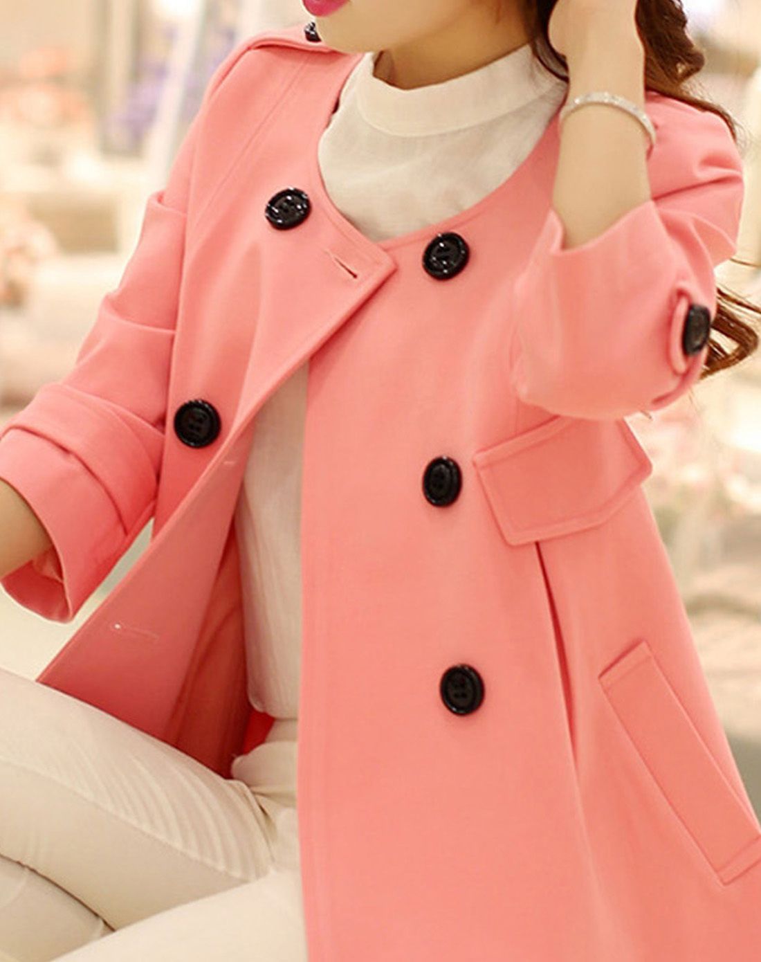 粉红色甜美淑女无领风衣小外套