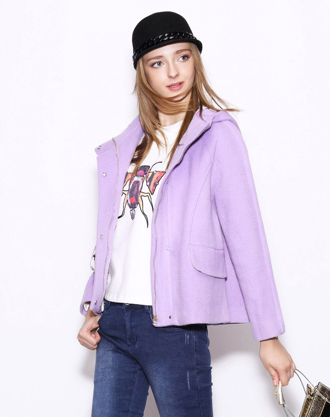 showy&co.浅紫色时尚连帽长袖毛呢外套s44w015p1_唯品会