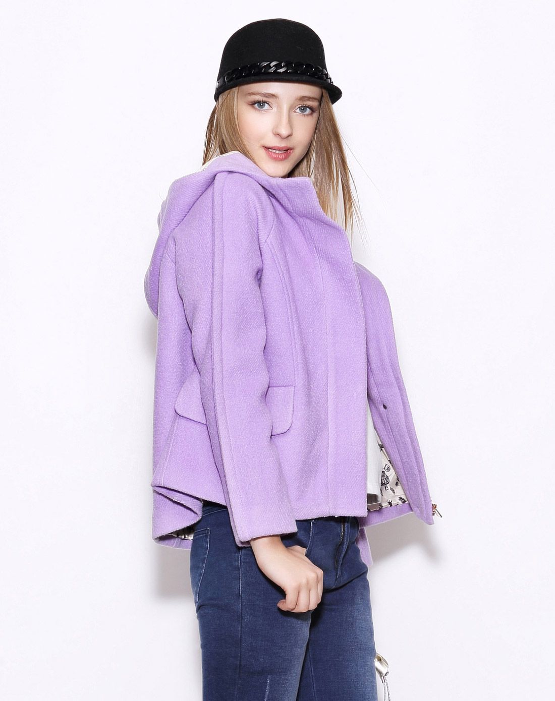 showy&co.浅紫色时尚连帽长袖毛呢外套s44w015p1_唯品会