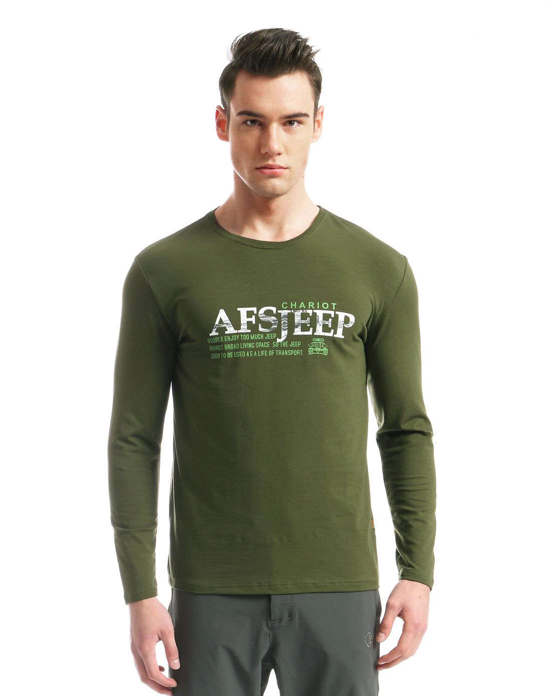 舒适柔软 男士军绿色t恤 圆领长袖