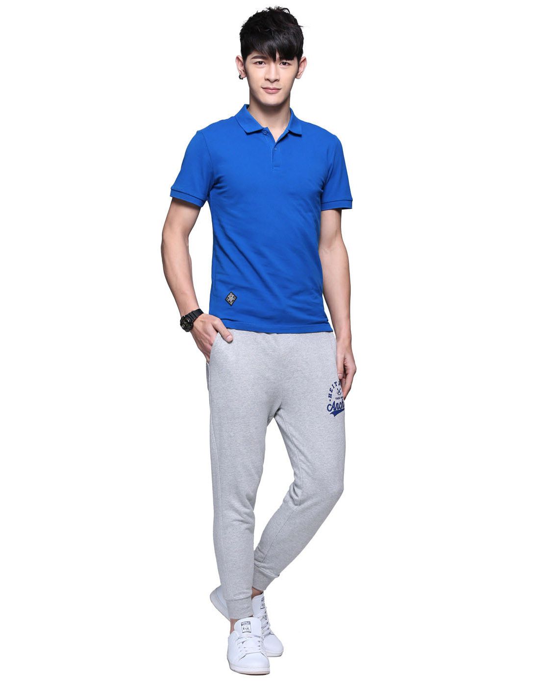 男装海蓝色polo领车章印花短袖t恤