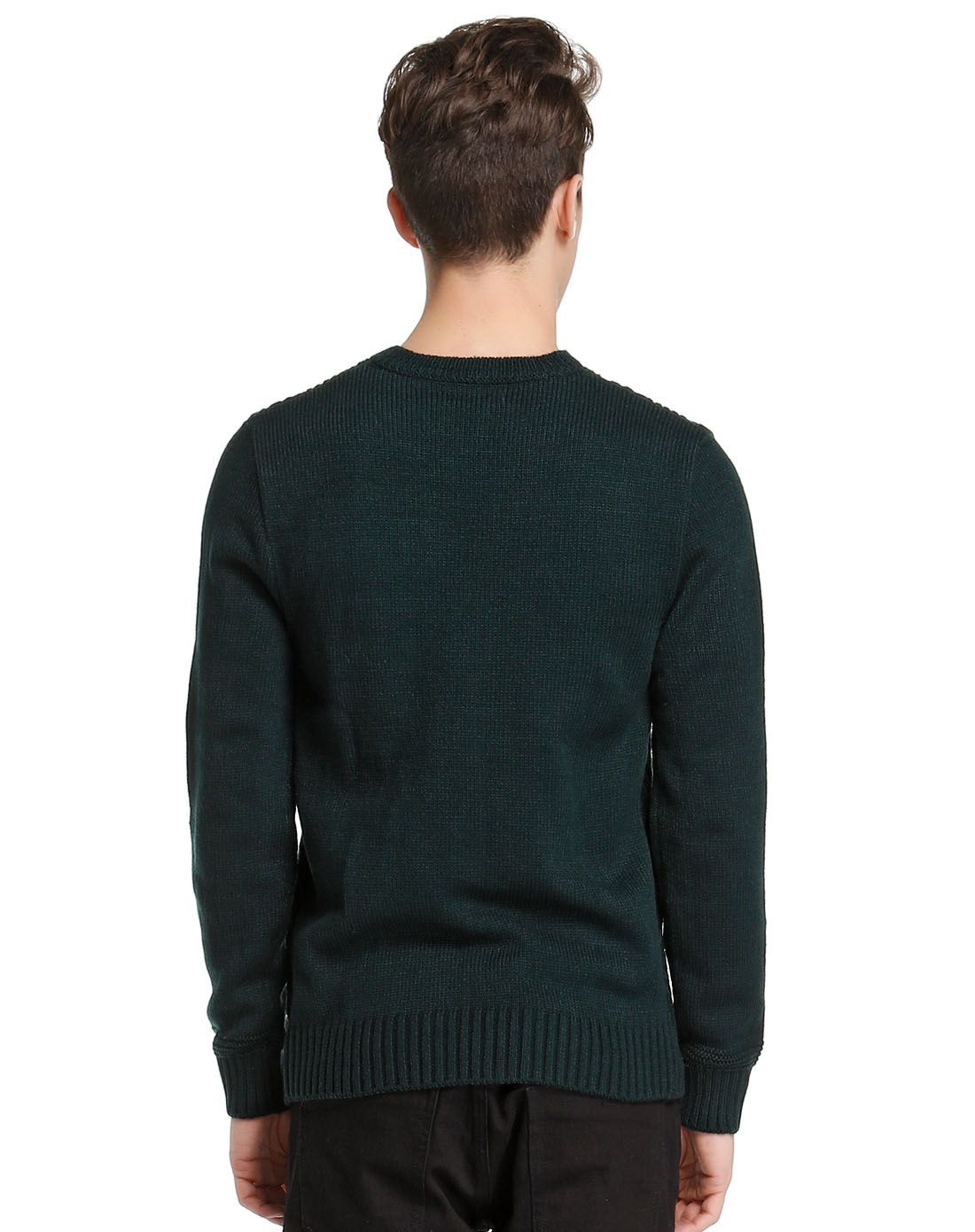 深墨绿色圆领舒适长袖针织衫