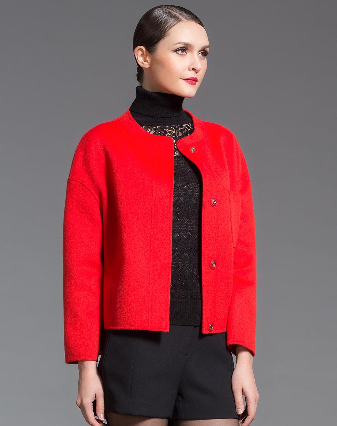 艳红色气质短款长袖大衣