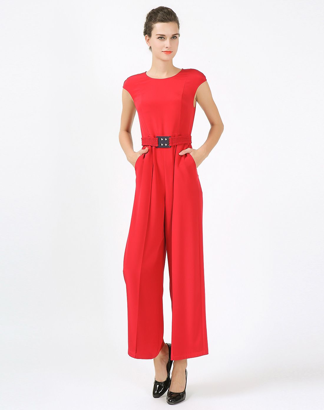 红色时尚气质修身包袖真丝连体裤