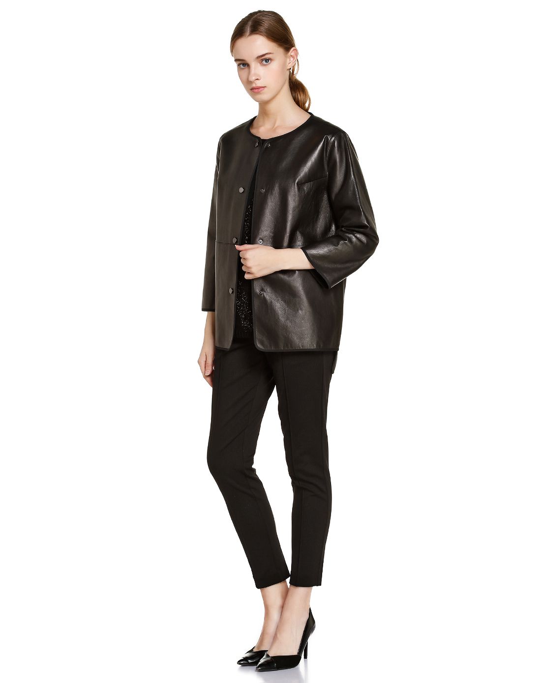 黑啡色时尚简约九分袖皮衣