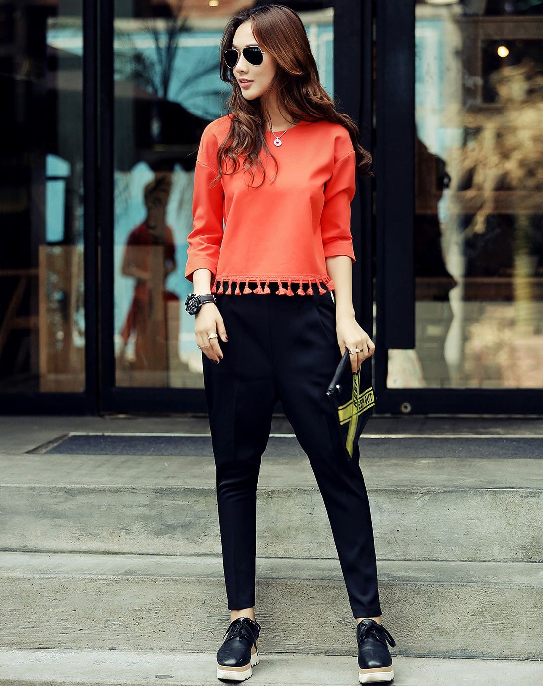 橘色韩版时尚流苏七分袖上衣裤子两件套