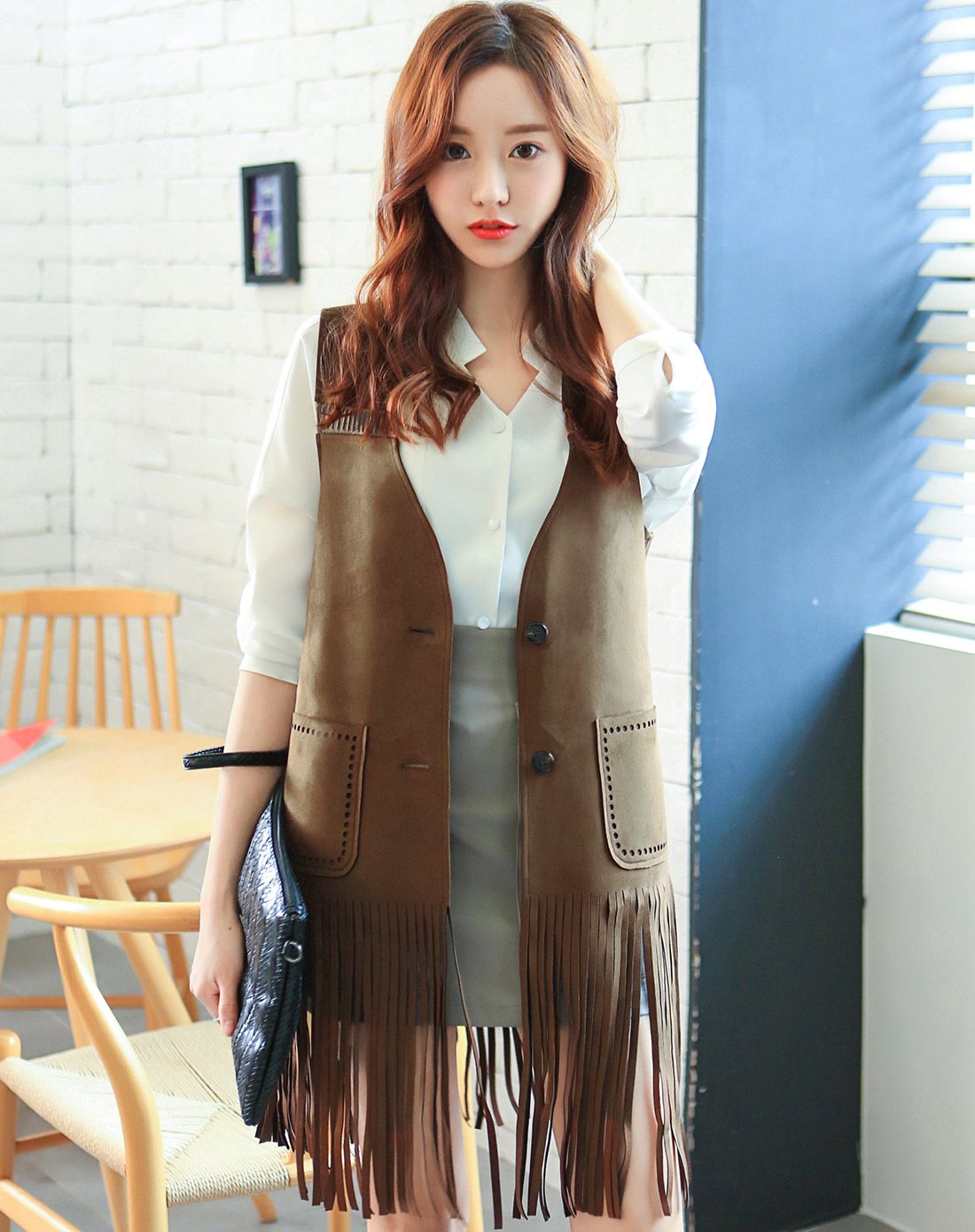 【2016春新款】女款棕色韩版流苏无袖外套