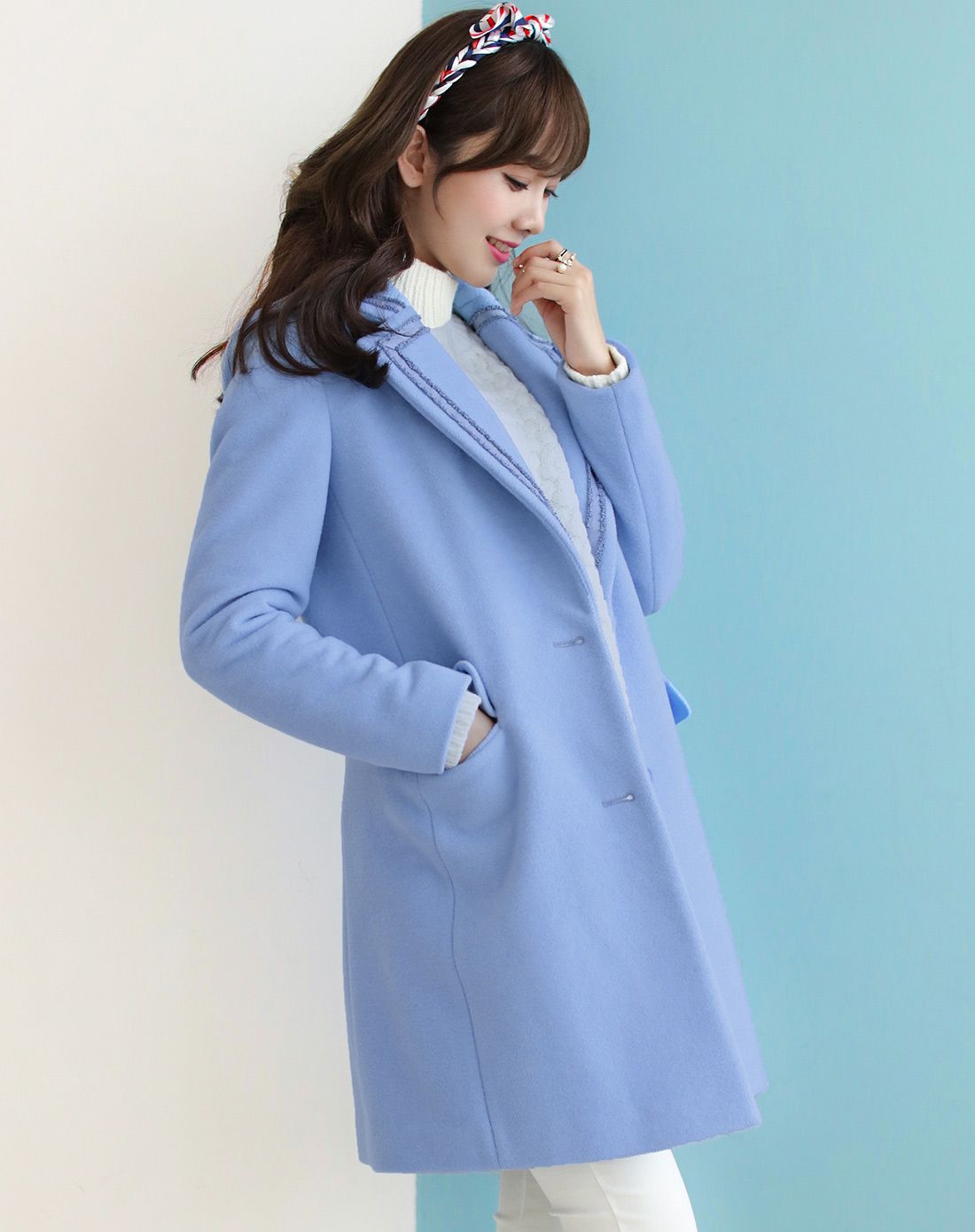 女款蓝色毛呢外套