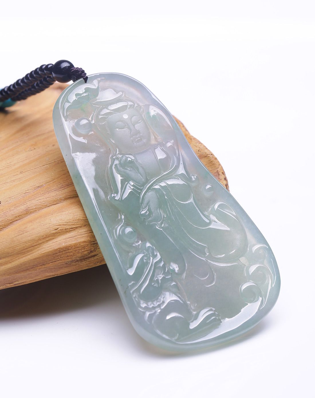 精品天然a货翡翠老坑冰种飘绿花观音保平安吊坠