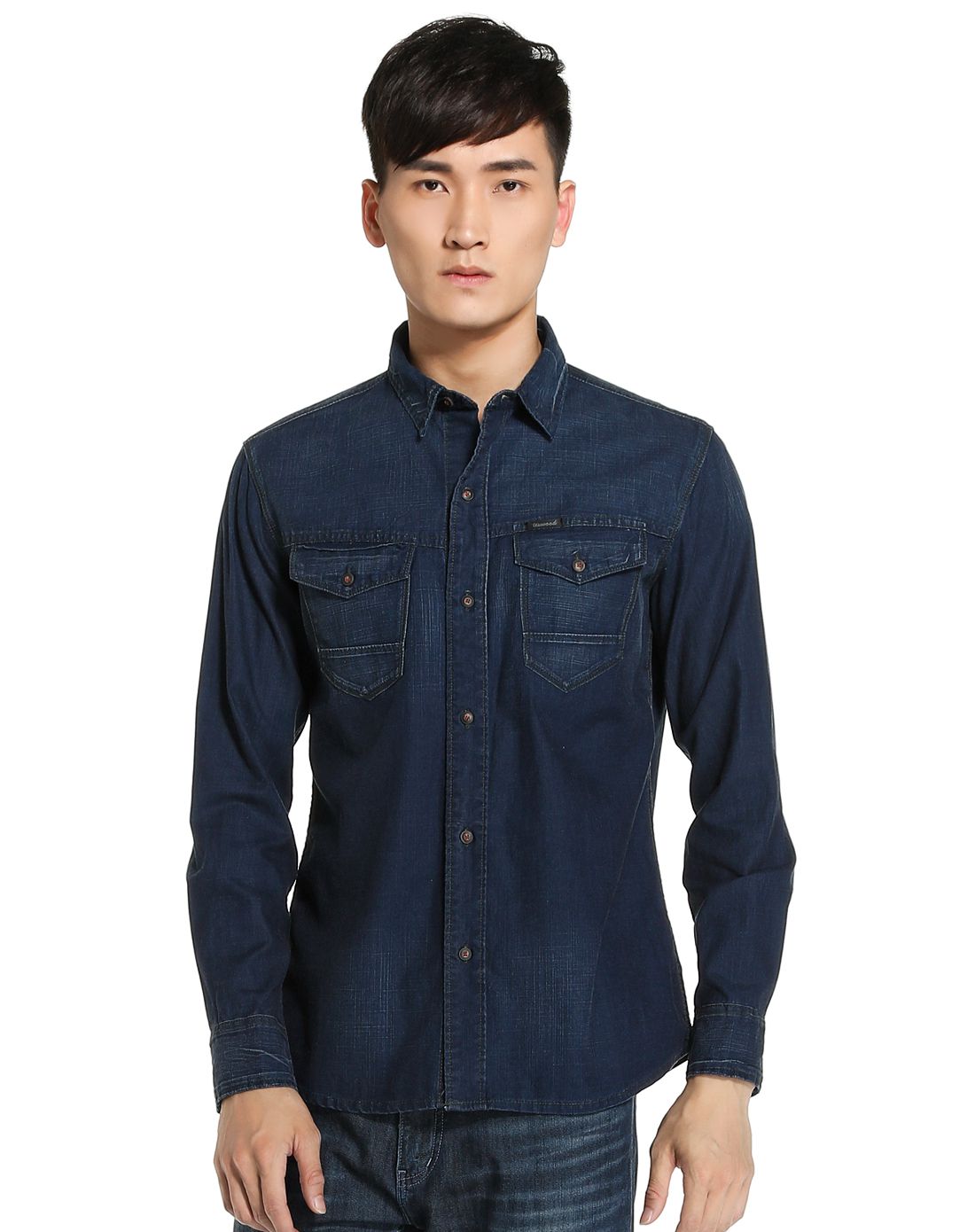 男款深蓝色舒适帅气休闲长袖牛仔上衣