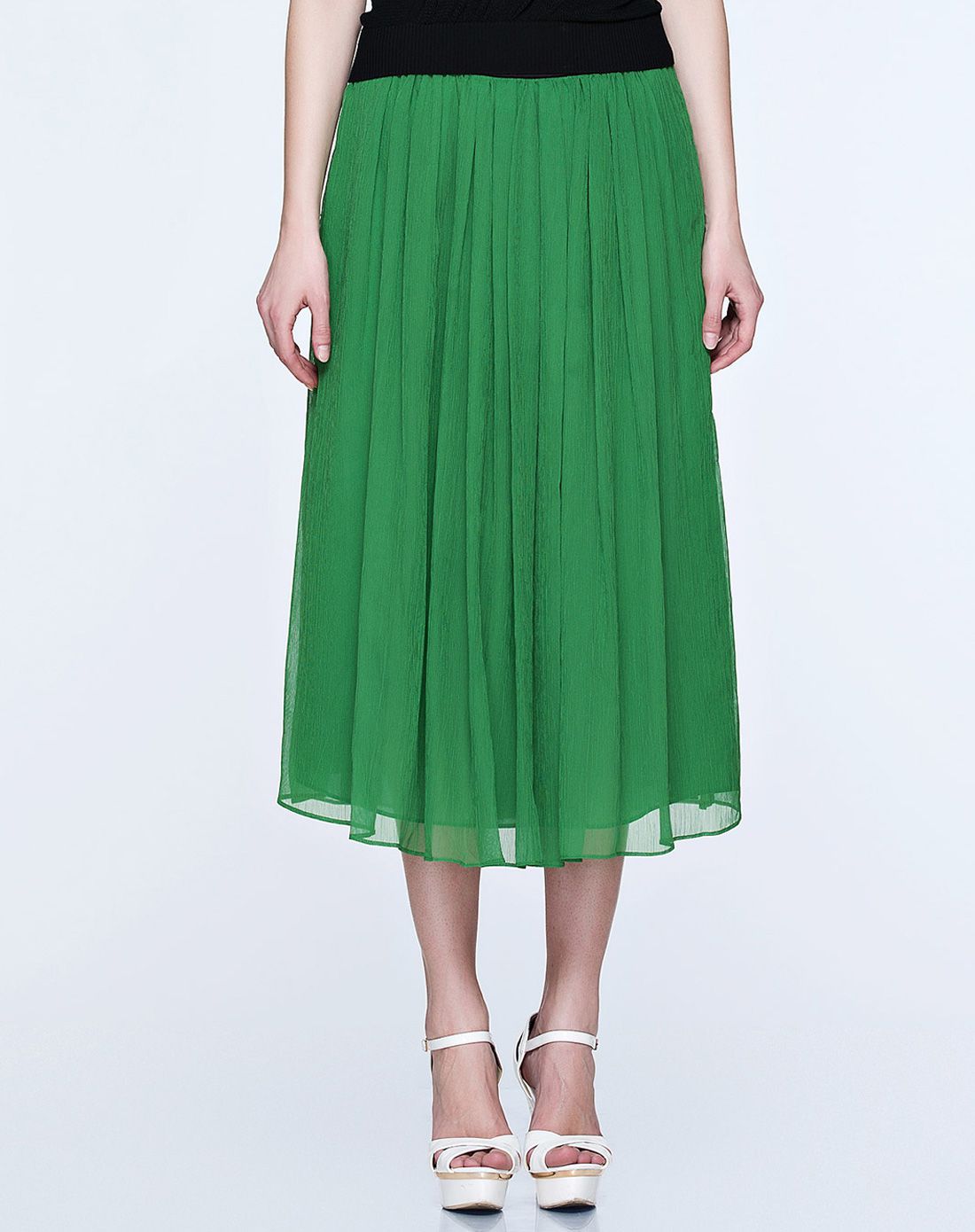 绿色通透钢琴褶长款半裙