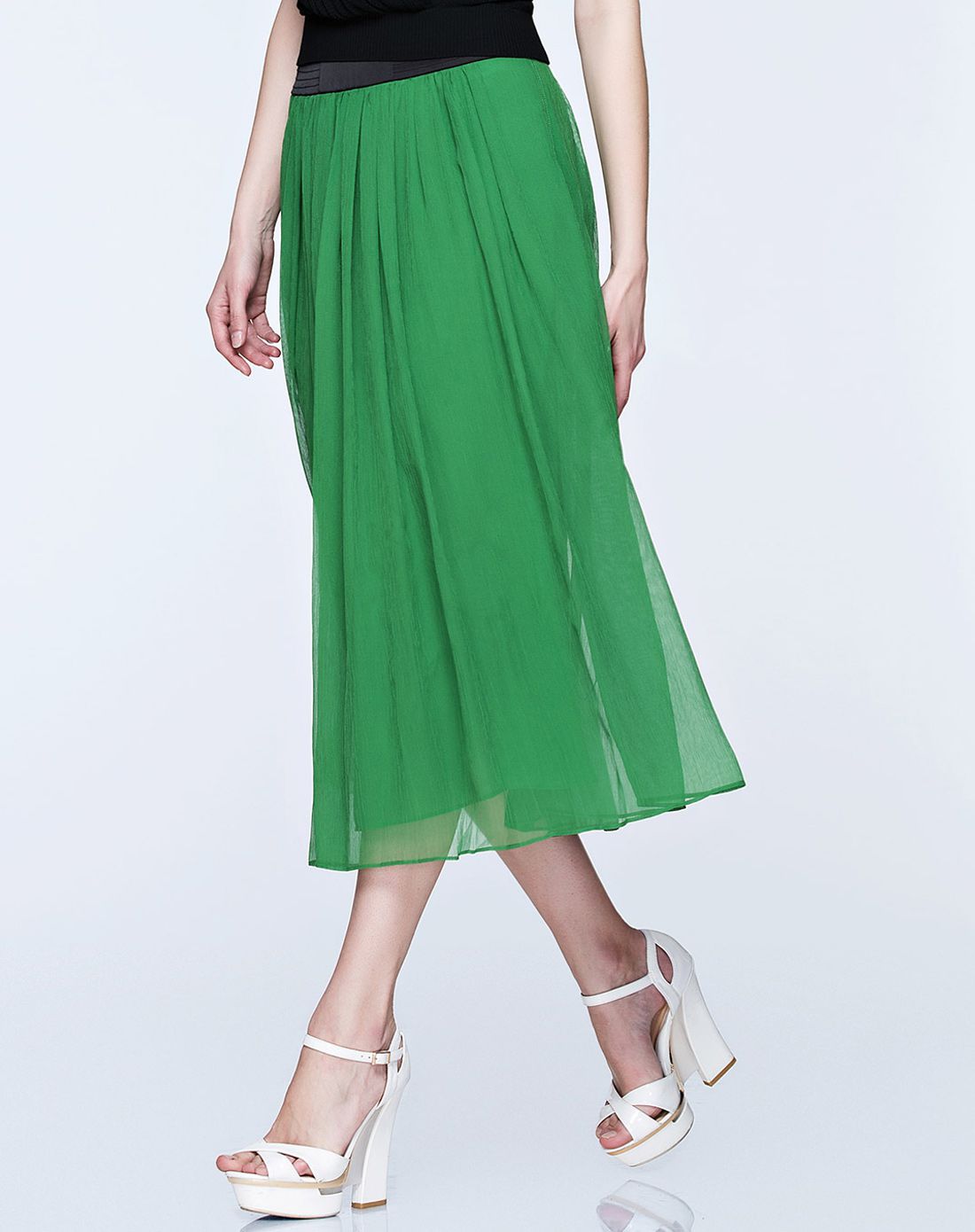 绿色通透钢琴褶长款半裙