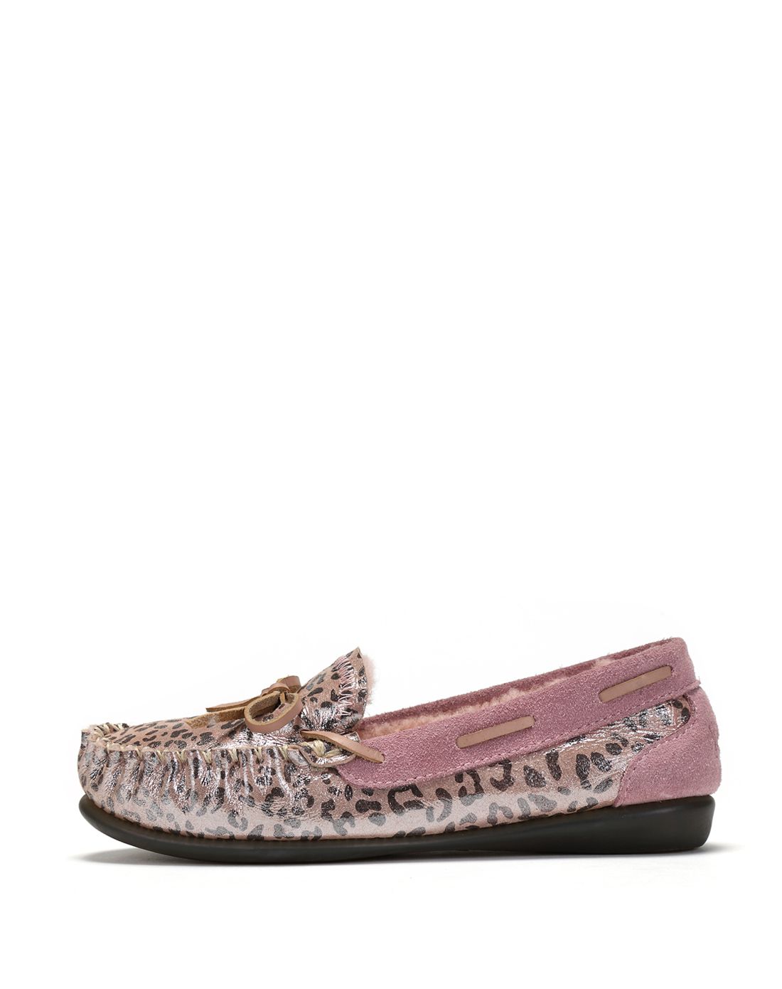 粉豹银布纹羊皮毛一体女士系带舒适船鞋