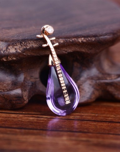 彩18k金紫水晶钻石吊坠琴书系列琵琶3(0.8克)