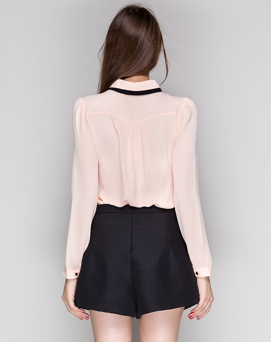 粉红双层领100%聚酯纤维雪纺衬衫