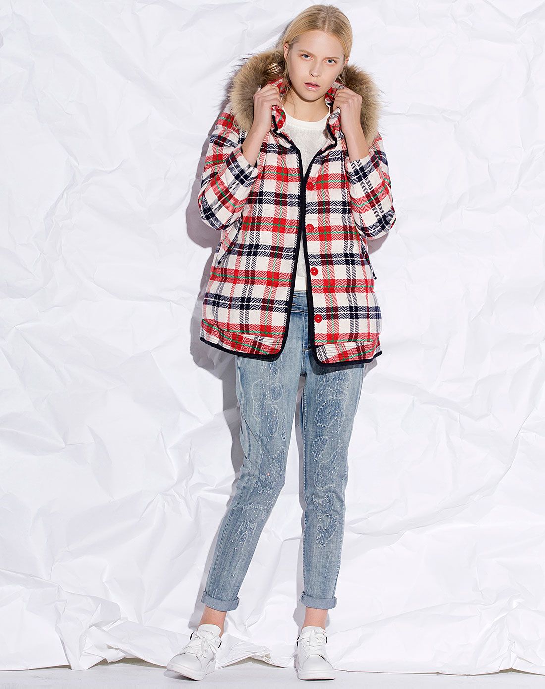 西蔻siego红/藏蓝色俏丽格纹连帽长袖羽绒服64480834a9_唯品会