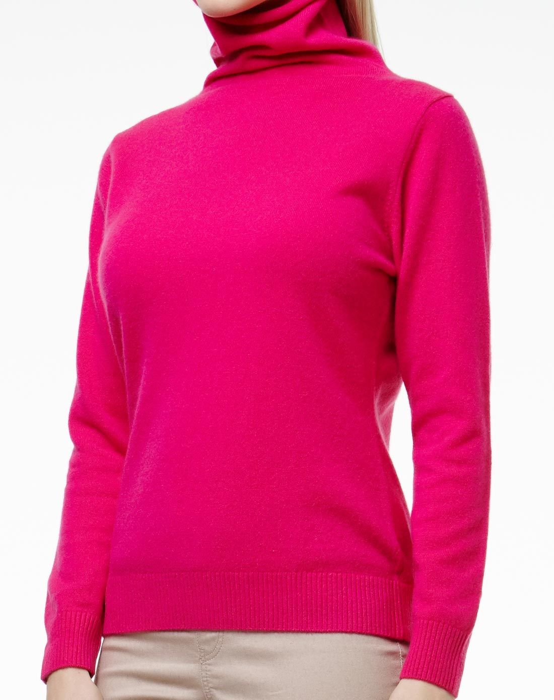 玫红色女款纯羊绒长袖堆领套衫