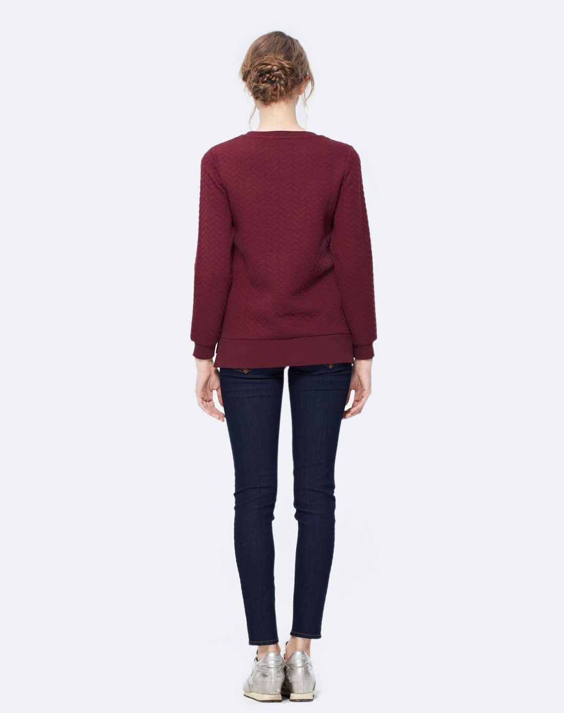 温莎酒红色 稍厚夹棉提花圆领套头卫衣