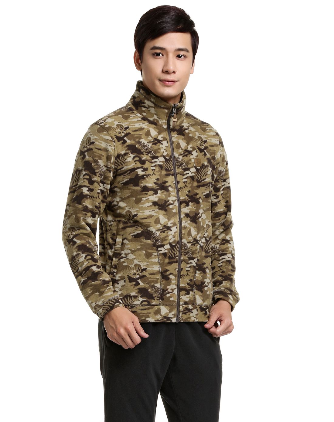 抗静电 男款橄榄褐色户外长袖抓绒外套