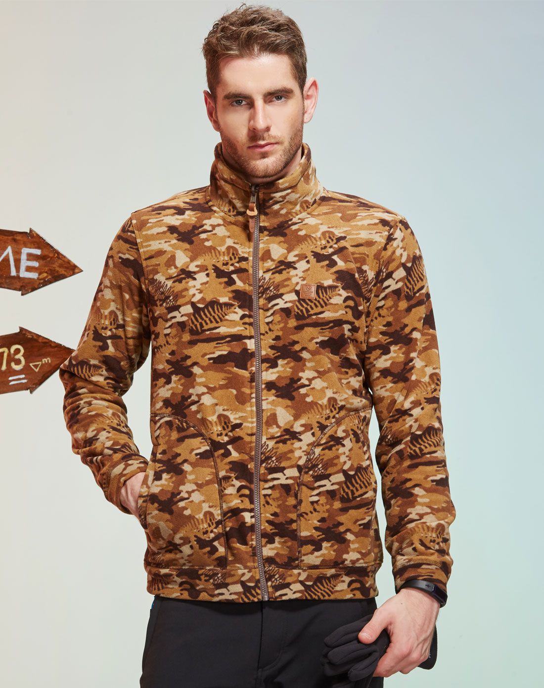 抗静电 男式橄榄褐色绒外套 轻质保暖