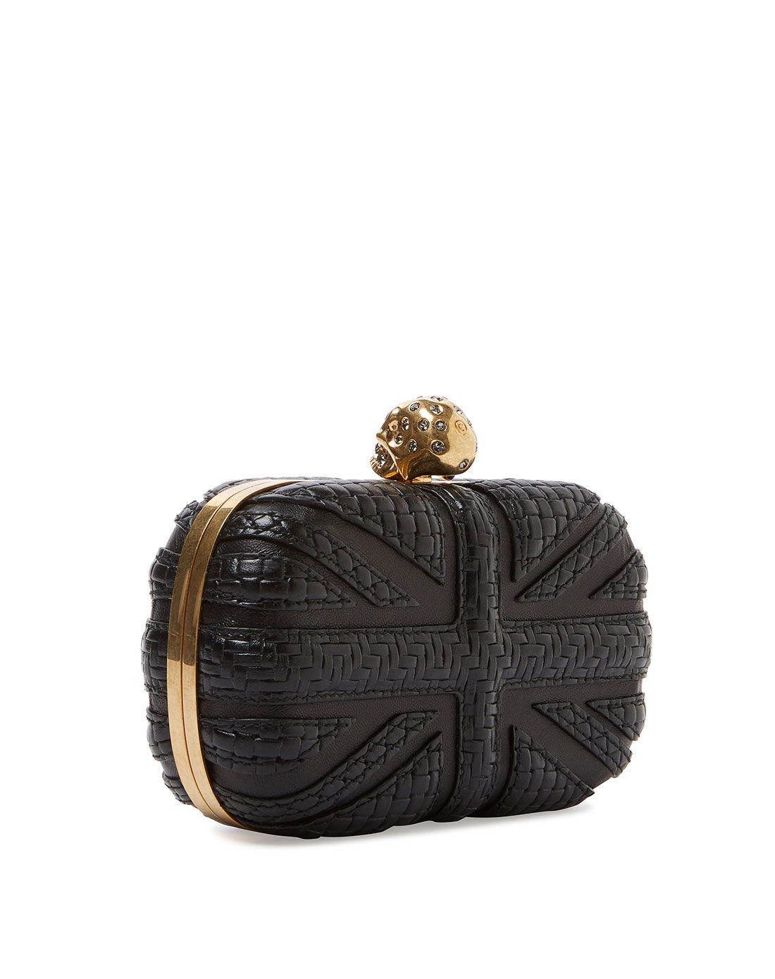 alexander mcqueen黑色编织纹骷髅头锁扣手拿包