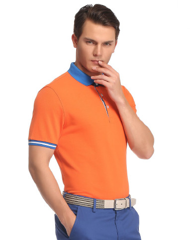 橘色撞蓝色领潮流翻领短袖t恤