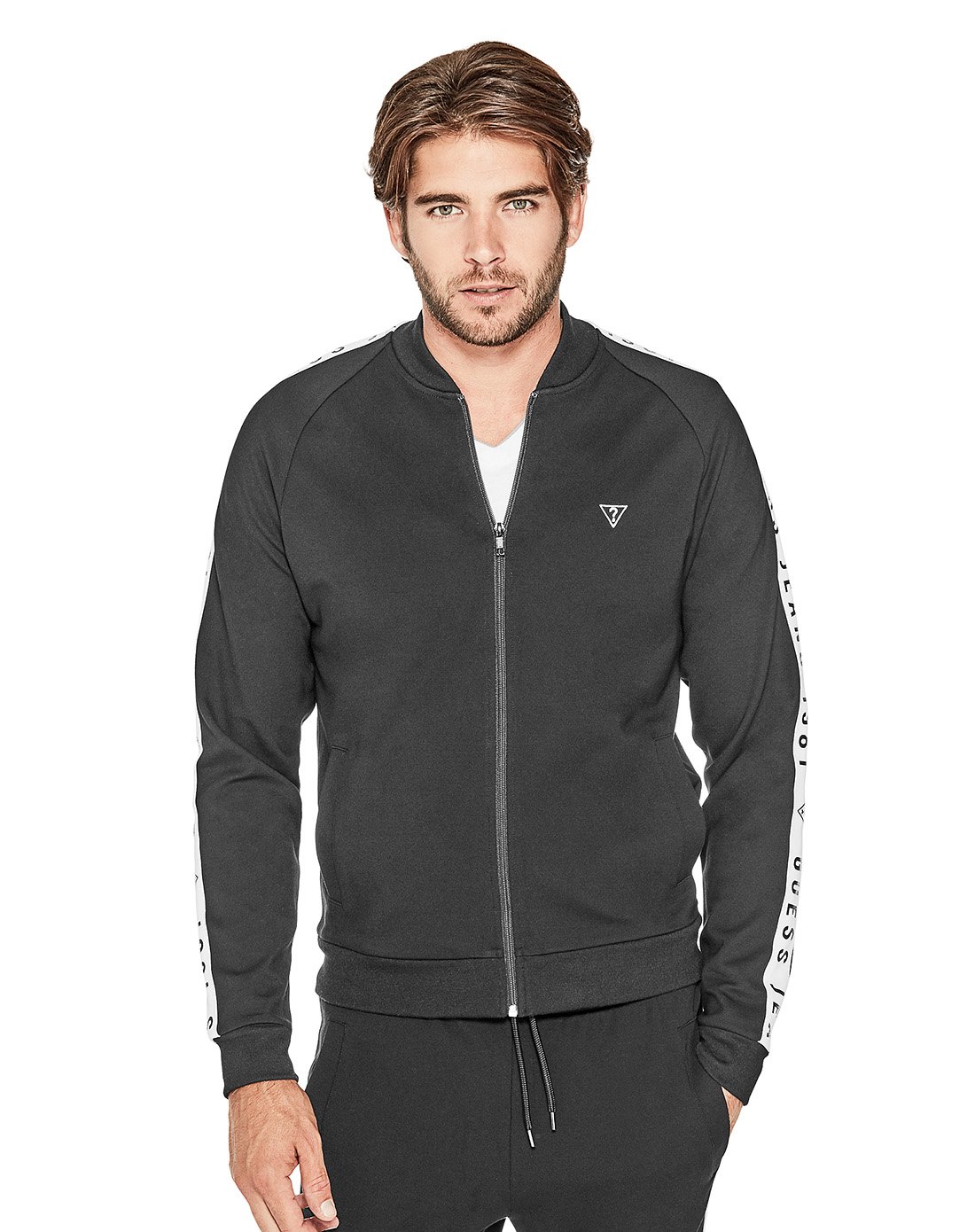 guess 18新男装 夏日重磅上新guess 男士撞色logo拼贴拉链开衫卫衣x74