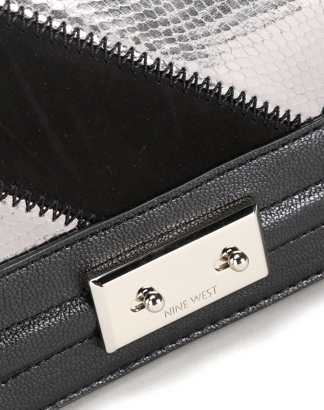 黑银色明线缝边拼皮时尚单肩包