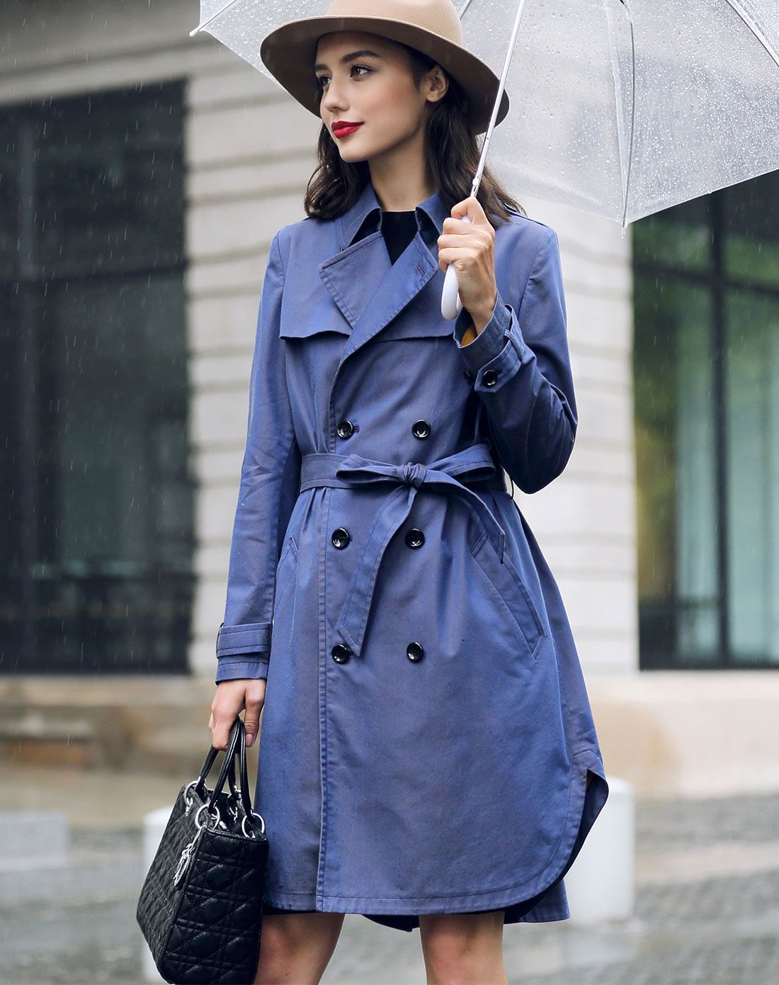 藏青色日系双色牛仔布时尚长款风衣