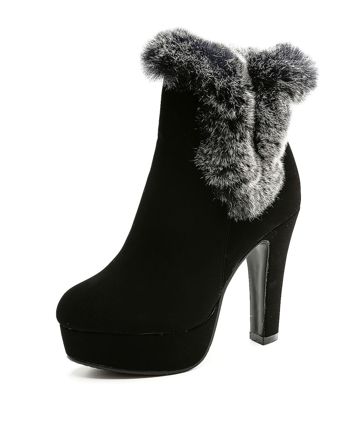 黑色高贵典雅毛口装饰细高跟女士短靴