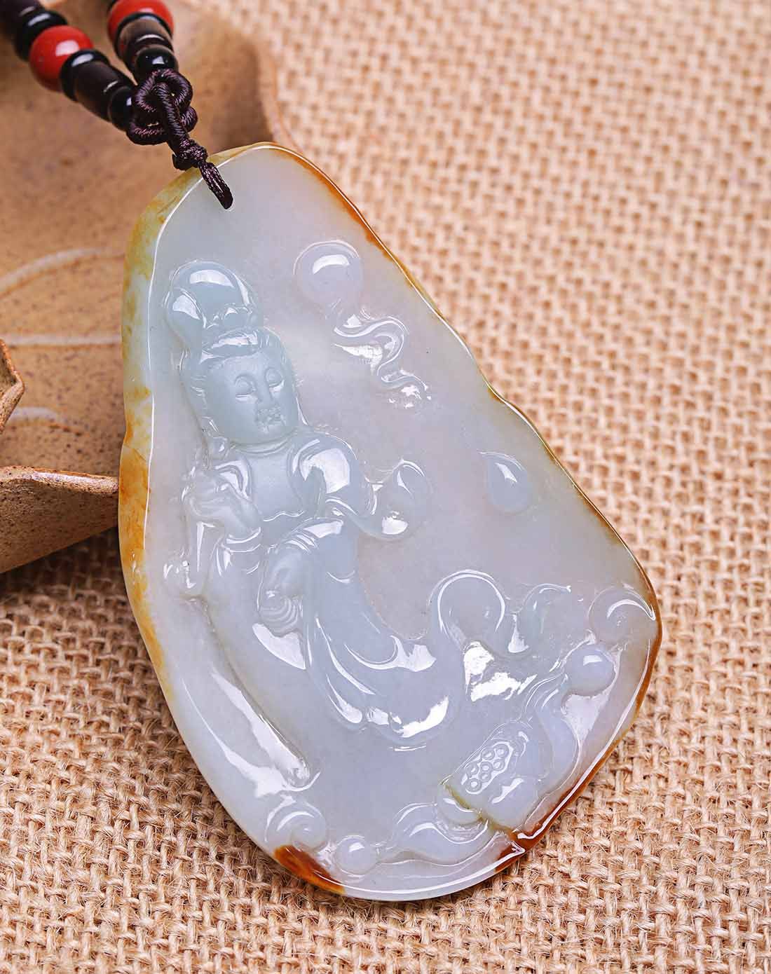 精雕天然a货翡翠冰糯种俏色黄翡观音保平安吊坠