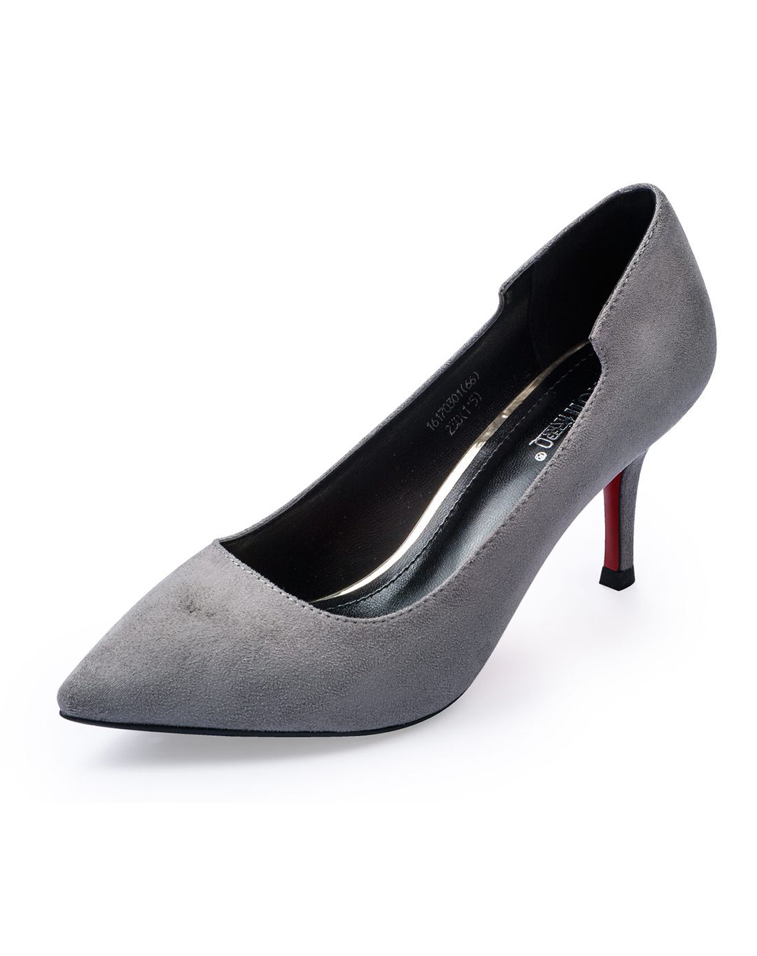 女款灰色简约尖头绒面细跟单鞋