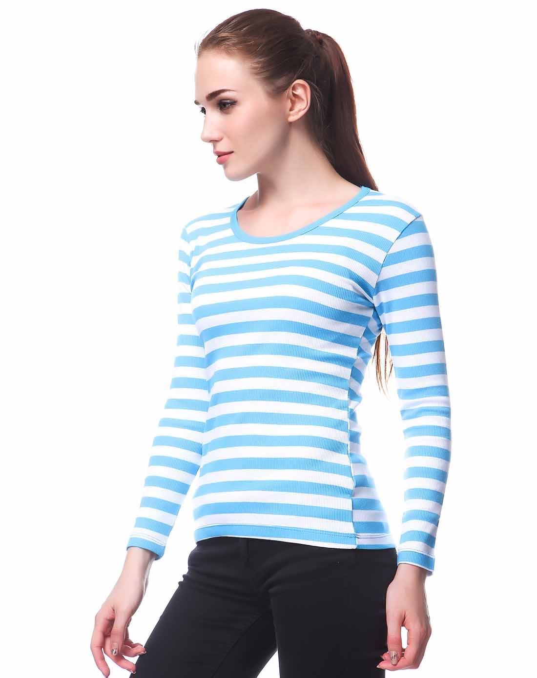 女士蓝白条纹薄款保暖内衣上衣