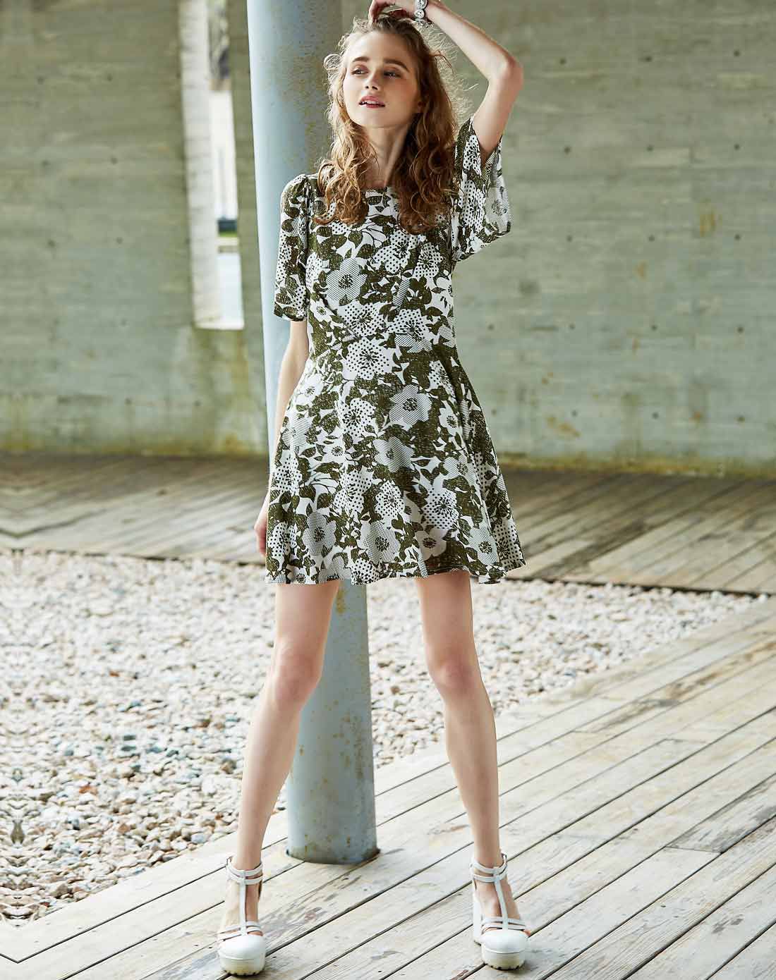 ugoccam绿色圆领印花连衣裙axl004968_唯品会