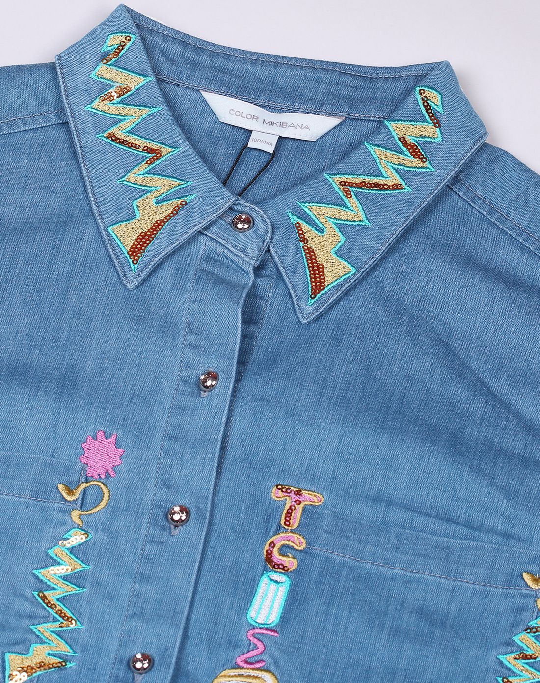 mikibana&allascala女装蓝色双袋刺绣长袖牛仔衬衫m53ts1293b35_唯品