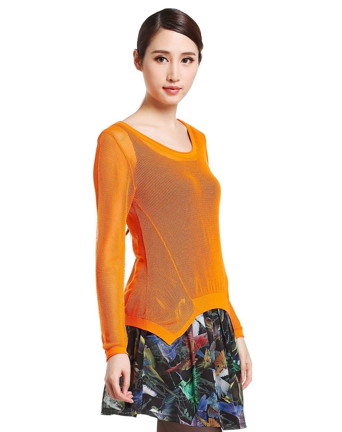 采轩caixuan女装专场 桔色活力休闲镂空长袖针织衫