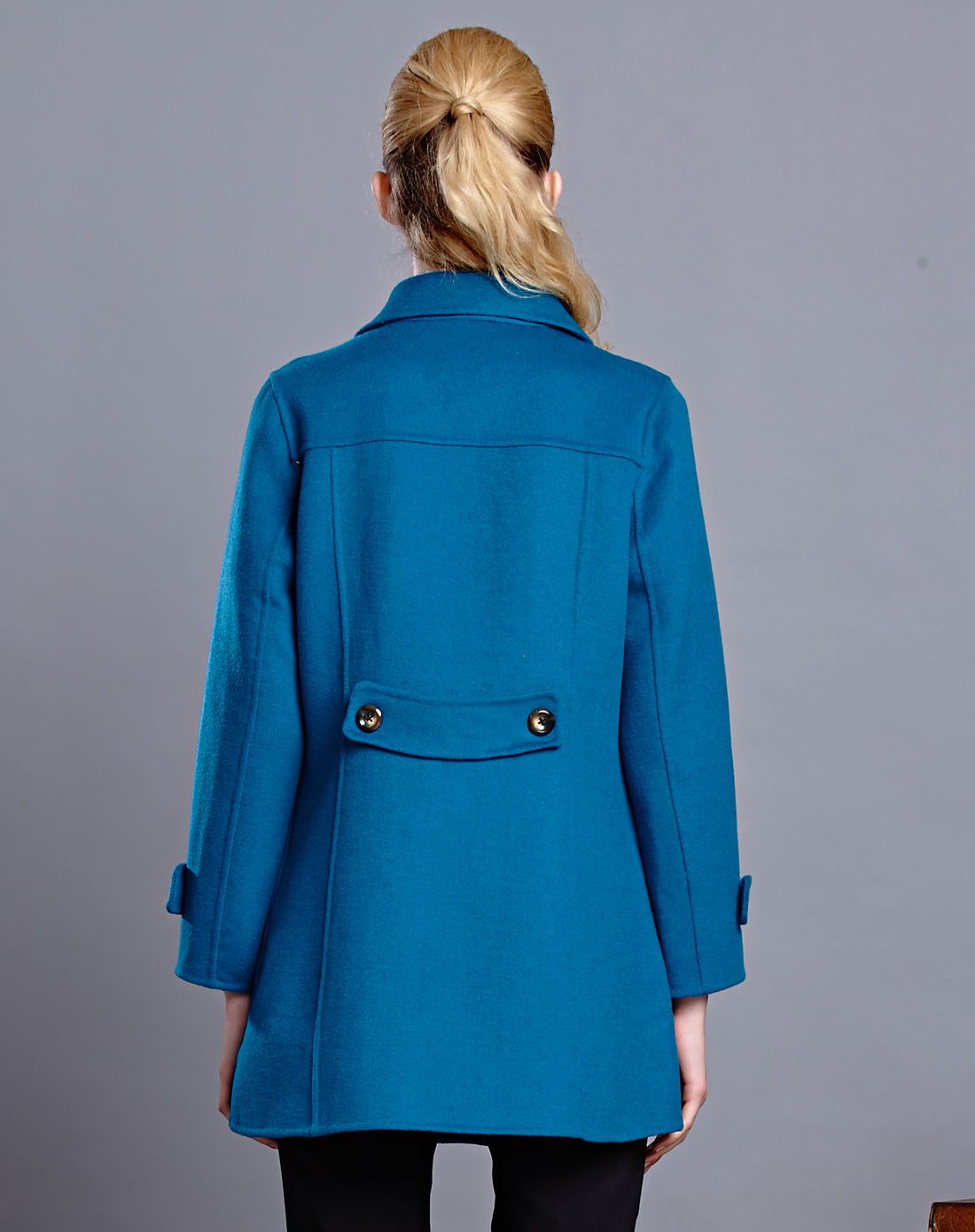 女款湖蓝色双排扣双面呢大衣