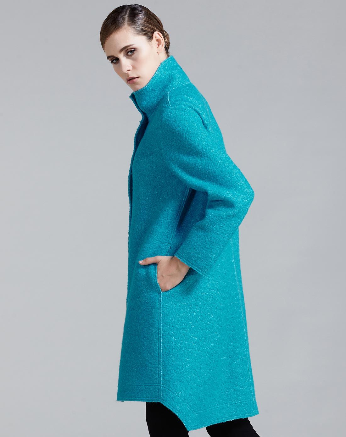 蓝绿色个性时尚长袖毛呢大衣