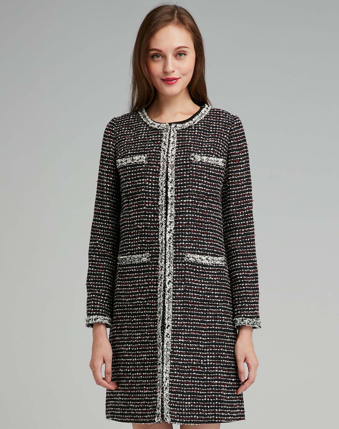 黑色粗花呢直筒通勤毛呢大衣