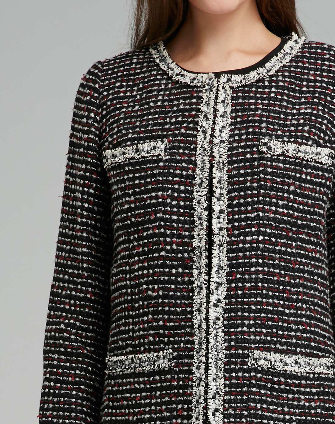 黑色粗花呢直筒通勤毛呢大衣