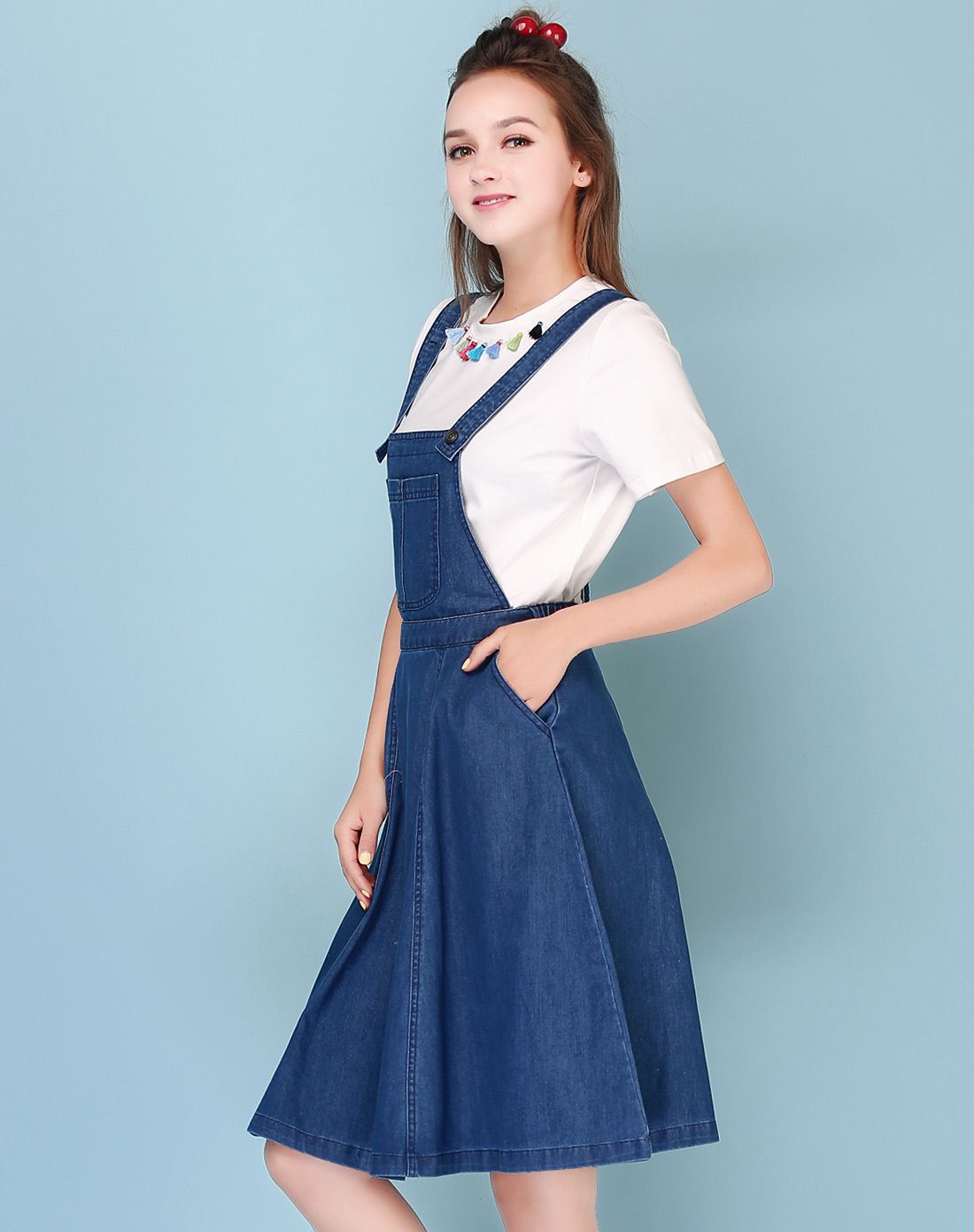 深牛仔蓝韩版高腰显瘦牛仔背带裙连衣裙