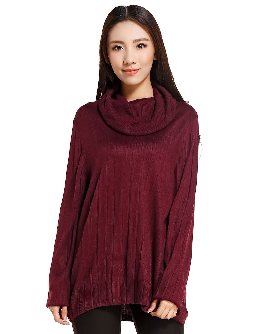 深枣红色高领修身长袖针织衫