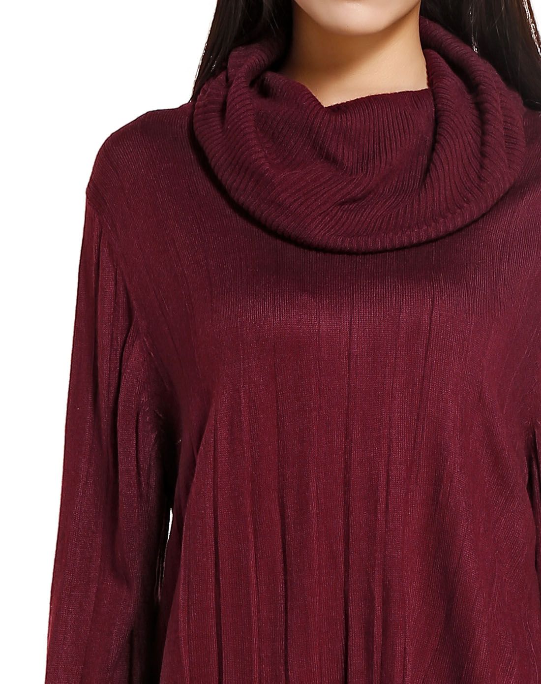 深枣红色高领修身长袖针织衫