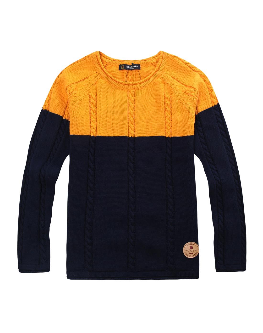 男童藏青双色拼接套头毛衣